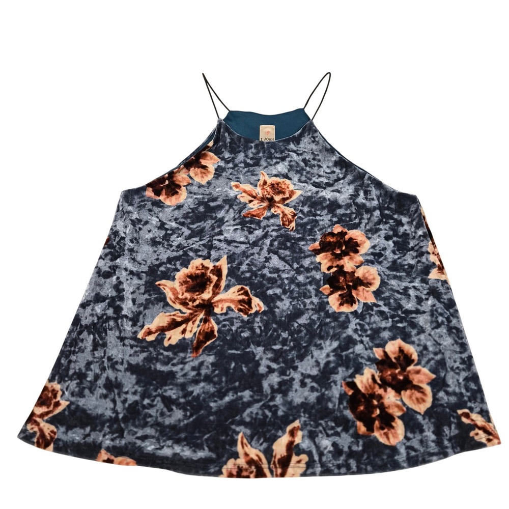 I Joah Blue Floral Crushed Velvet Halter Cami Top Large 16336 Made in USA